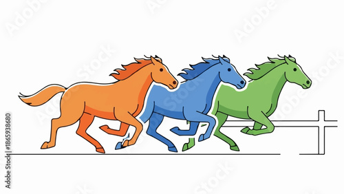 Three colorful horses, orange, blue, and green, gallop across a track, a finish line ahead