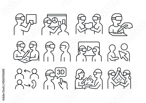 VR Collaboration Icons. VR collaboration tools. Line icon set of VR collaboration tools: virtual sticky note, shared dashboard, file handover, co-design tool,