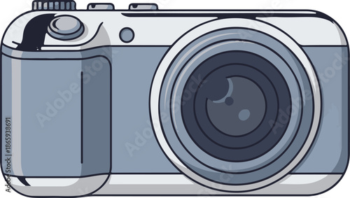 Stylized, cartoonish digital camera with a large lens and buttons