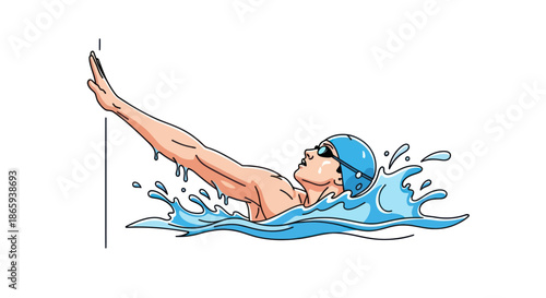 Dynamic Male Swimmer Performing Backstroke with Water Splashes.