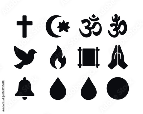 Faith Symbols Icons. Faith symbols. Solid icon set of faith symbols: cross, crescent, star, lotus, om symbol, dove, flame, scroll, prayer hands, bell, water