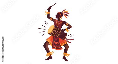 Stylized African Drummer Playing Traditional Drum in Vibrant Attire.
