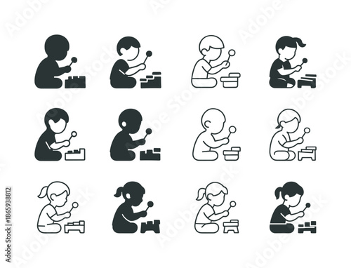 Kids' Holiday Toy Logos. Kids playing with holiday toys from gifts. Icon set. Set Logo of kids playing with holiday toys from gifts: child playing with musical