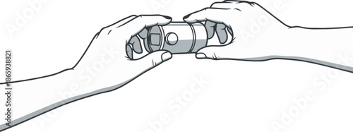 Two hands grasp a cylindrical object, hinting at a connection or exchange