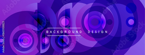 Abstract purple background features overlapping circles, gradients, dots. Modern design elements create dynamic visual texture.