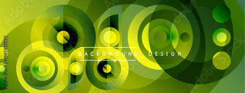 Abstract green circles overlap creating dynamic background. Modern design features varying shades, gradients, simple text.