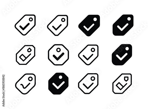 Bonus Check Icons. Bonus check. Icon set. Set Logo of bonus check: premium tag with checkmark. harmonious logo variations of the same emblematic concept, each