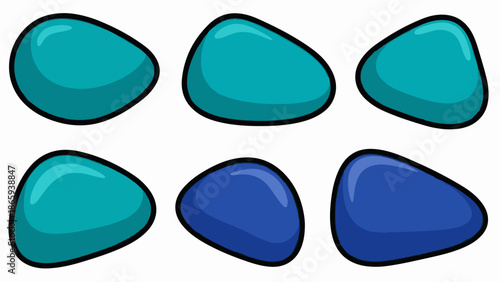 Six abstract, smooth, rounded shapes in shades of teal and blue against a white background