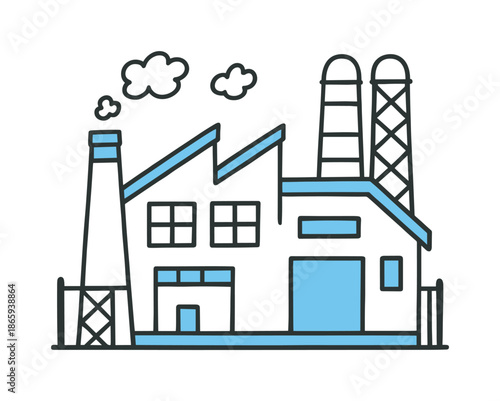 Factory Doodle Illustration. Factory Outline. Hand-drawn doodle illustration Factory Outline outline silhouette (accented #53a5d6), rooftop angles, vent pipes,