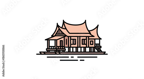 Traditional Thai House Illustration with Distinctive Curved Roofs.