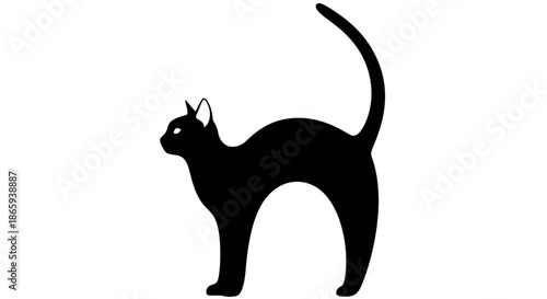 Silhouette of a sleek black cat with an arched back and raised tail.