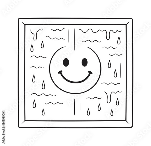 Smiley Face Window Art. Foggy window children?s coloring book illustration, outlined drawing, simple fogged-up pane with a smiley face drawn in the moisture,