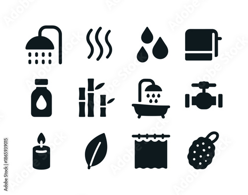 Spa Shower Icons. Spa shower. Solid icon set of spa shower: rain showerhead, steam, water droplets, towel, essential oil bottle, bamboo, bathtub, valve,
