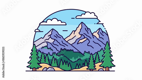 Stylized mountain range with coniferous trees and clouds under a blue sky