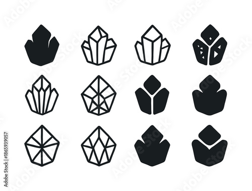 Mineral Icon Variations. Mineral. Icon set. Set Logo of Mineral: mineral lattice. harmonious logo variations of the same emblematic concept, each
