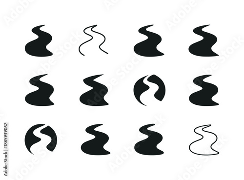 Stream Logo Variations. Stream. Icon set. Set Logo of stream: winding river path. harmonious logo variations of the same emblematic concept, each