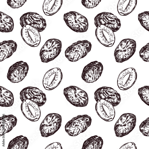 Seamless pattern with hand-drawn prunes and plums, perfect for food packaging, textile design, or recipe illustrations with a vintage, organic feel. Vector illustration