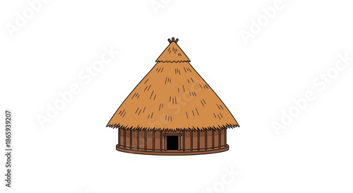 Traditional Thatched Roof Hut with Wooden Walls and Small Entrance.