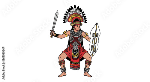 Traditional Warrior Illustration with Feathered Headdress Sword and Shield in Cultural Attire.