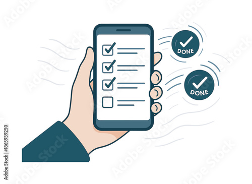 Mobile Task Completion. Checklist on the go. Person holding a phone with tasks ticking off; motion arcs around icons labeled ?Done.? Breezy lines suggesting