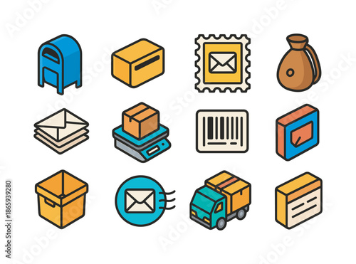 Postal Service Icons. postal services. Colorful isometric vector icons set of postal services: mailbox, mail slot, postage stamp, mailbag, letter stack, parcel