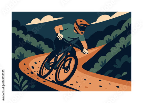 Speeding Mountain Biker. Downhill mountain biking. Rider speeding along a steep trail; dirt and pebbles flying. Sharp curves emphasizing rapid descent. Modern