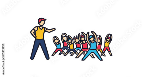 Group Fitness Class Led by Instructor with Participants Exercising.