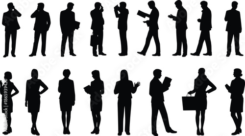 Silhouette vector set of business people in formal attire, standing, walking, talking, reading, working, holding documents, isolated on white