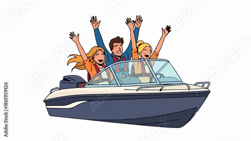 Three people joyfully waving from a speeding motorboat on a sunny day
