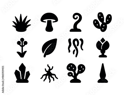 Martian Flora Icons. Martian flora. Solid icon set of Martian flora: spiked plant, glowing mushroom, spiral stem, cactus-like plant, bubble flower, wide leaf,