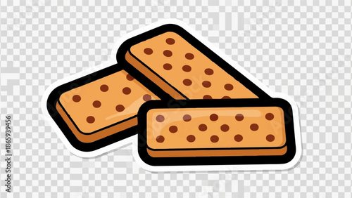 Three rectangle-shaped biscuits with dark circular spots are arranged in a layered, overlapping cluster