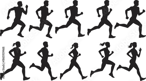Silhouette vector set of male and female runners in motion, exercising, jogging, sprinting, fitness training, isolated on white background