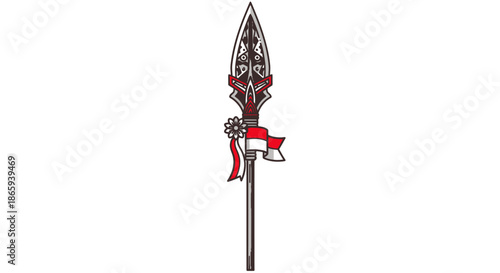 Ornate Spear with Red and White Ribbon and Floral Embellishment.