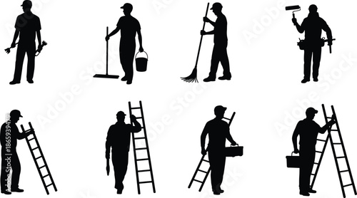 Silhouette Workers Set with Tools, Ladder, Paint Roller, Broom, Bucket, Cleaning, and Construction Equipment, Maintenance, Labor Workforce
