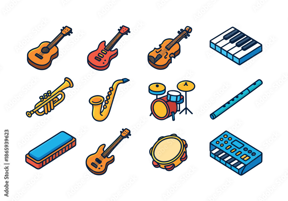 Obraz premium Colorful Instrument Icons. Musical instruments. Colorful isometric vector icons set of musical instruments: acoustic guitar, electric guitar, violin, piano