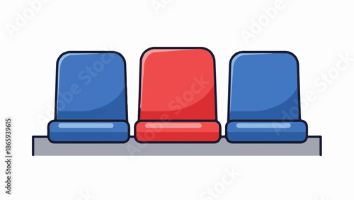 Three stadium seats, two blue and one red, in a row on a grey base