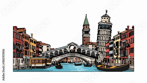 Stylized city canal with a prominent bridge, gondolas, and colorful buildings