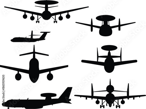 Silhouettes of AWACS aircraft, airborne warning control system planes, military radar airplanes, surveillance jets, and reconnaissance aviation vector set