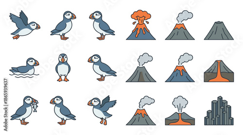 Puffin and Volcano Icon Set Illustration.