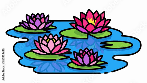 Vibrant water lilies bloom on a blue pond, with reflections in the water