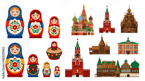 Russian Matryoshka Dolls and Landmarks Illustration.