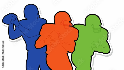 Three stylized football players in blue, orange, and green silhouettes, ready for action