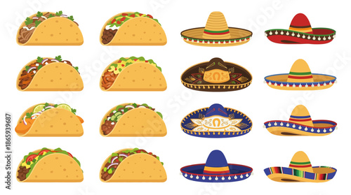 Tacos and Sombreros Mexican Food Icons.