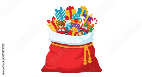 Red Santas Sack Full of Colorful Christmas Presents and Toys.
