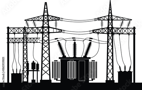Silhouette of electrical substation with power transmission towers, high voltage cables, electrical transformer equipment