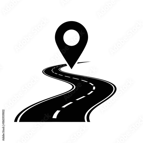 Winding road with a location pin icon symbolizing navigation and journey destination