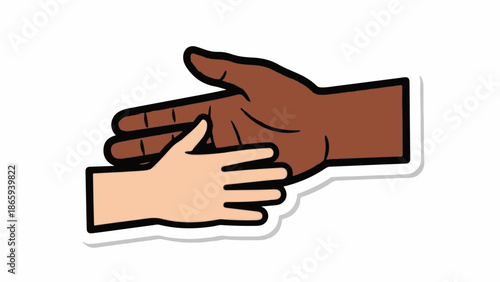 Two hands, one larger and darker, the other smaller and lighter, interlock in a symbol of connection