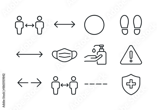 Social Distancing Icons. Social distancing markers. Line icon set of Social distancing markers: two-person distance icon, stand apart arrows, stand here