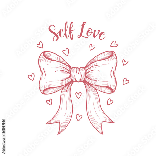 A delicate hand-drawn pink bow adorned with hearts, embodying the essence of self love and care