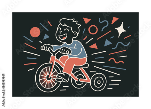 Tricycle Glowing Adventure. Tiny wheels in motion. A trike zooms forward with glowing spokes; the rider laughs as abstract shapes dance behind. The scene feels